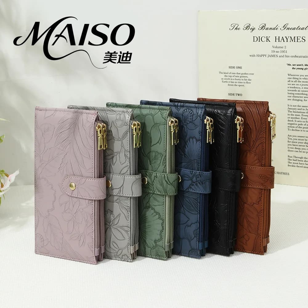 Portafoglio da donna lungo in pelle PU con RFID, pieghevole, goffrato, con scomparti multipli, chiusura multi-laccio, borsa da lavoro