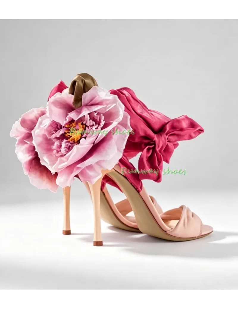 French Retro Peony Flowers Straps Stilettos Women's Sandals Round Head Open Toes Satin Fabric Ankle Wrap Straps Banquet Shoe