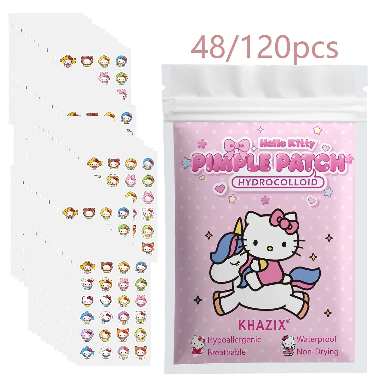 48/120PCS Hello Kitty Hydrocolloid Spot Patches with Salicylic Acid Centella Cover Blemishes Invisible