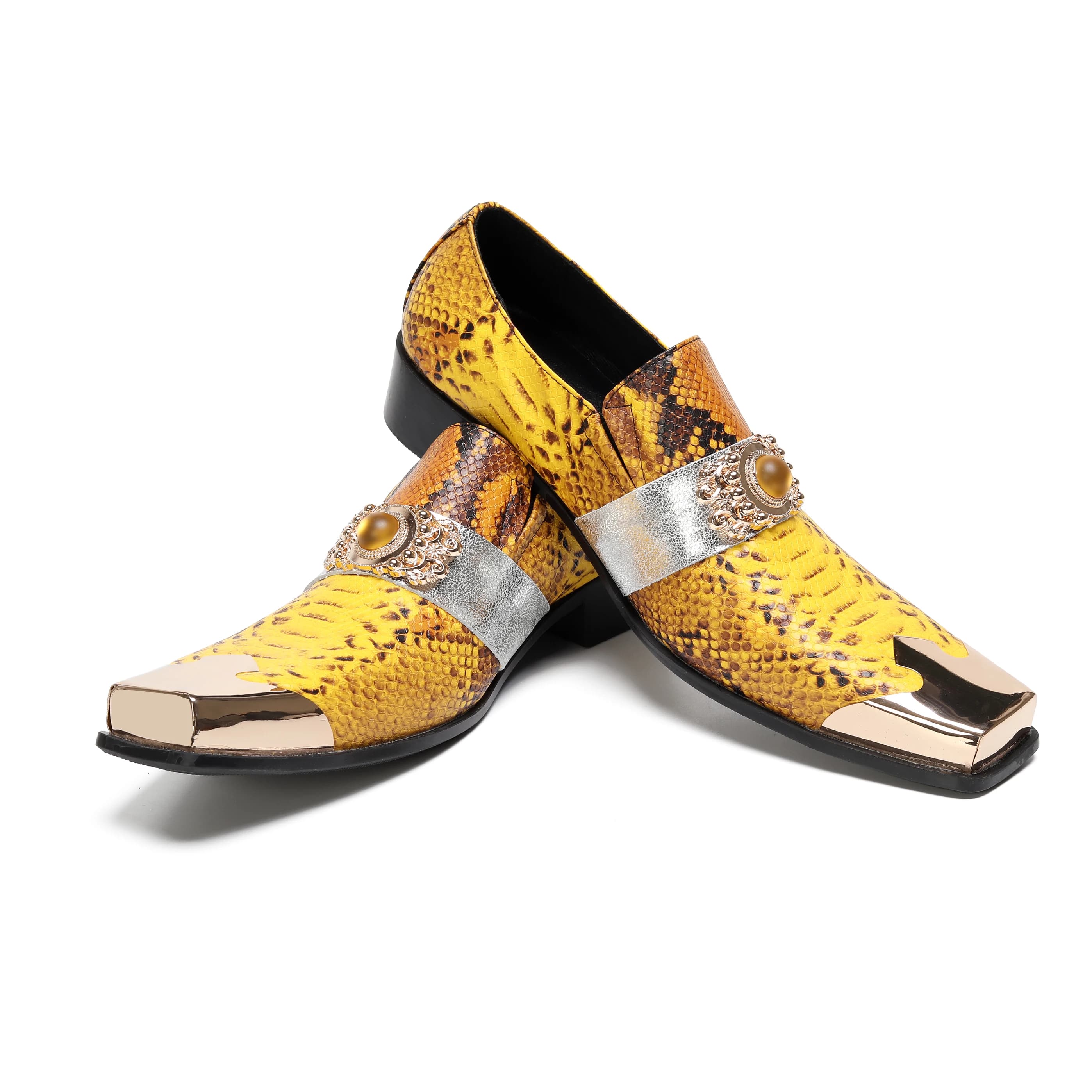 Mocassini da uomo in pelle gialla con stampa pitone, stile punk gotico, punta quadrata, tacco con dettaglio in metallo dorato, slip-on, scarpe streetwear da festa, taglie 38-48