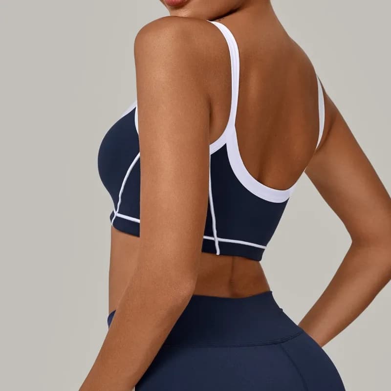 Reggiseno sportivo da donna senza cuciture per yoga, con imbottiture, a blocchi di colore, con spalline incrociate, schiena a V, per corsa, palestra, allenamento all'aperto