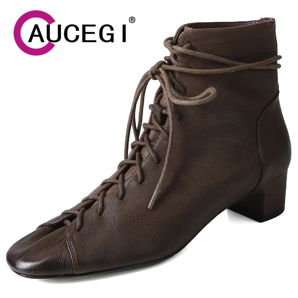 Aucegi Stivaletti in vera pelle di design di marca di lusso Moda punta tonda grosso tacco alto donna autunno scarpe da pendolare stringate