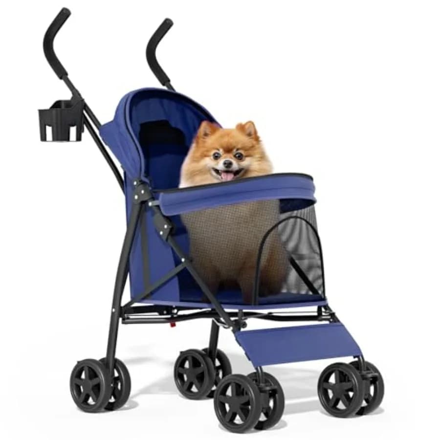 Passeggino per animali domestici di piccola/media taglia fino a 10 kg, nylon blu navy con rete traspirante, design pieghevole, include copertura parasole, pa