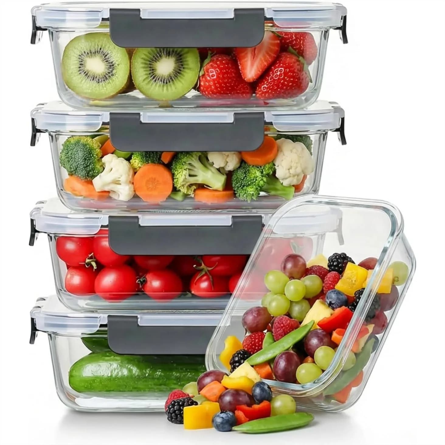 Set di 5 Contenitori in Vetro Borosilicato da 36oz con Coperchi, Ermetici per Preparazione Pasti, Adatti per Forno, Congelatore e Lavastoviglie, Senza BPA