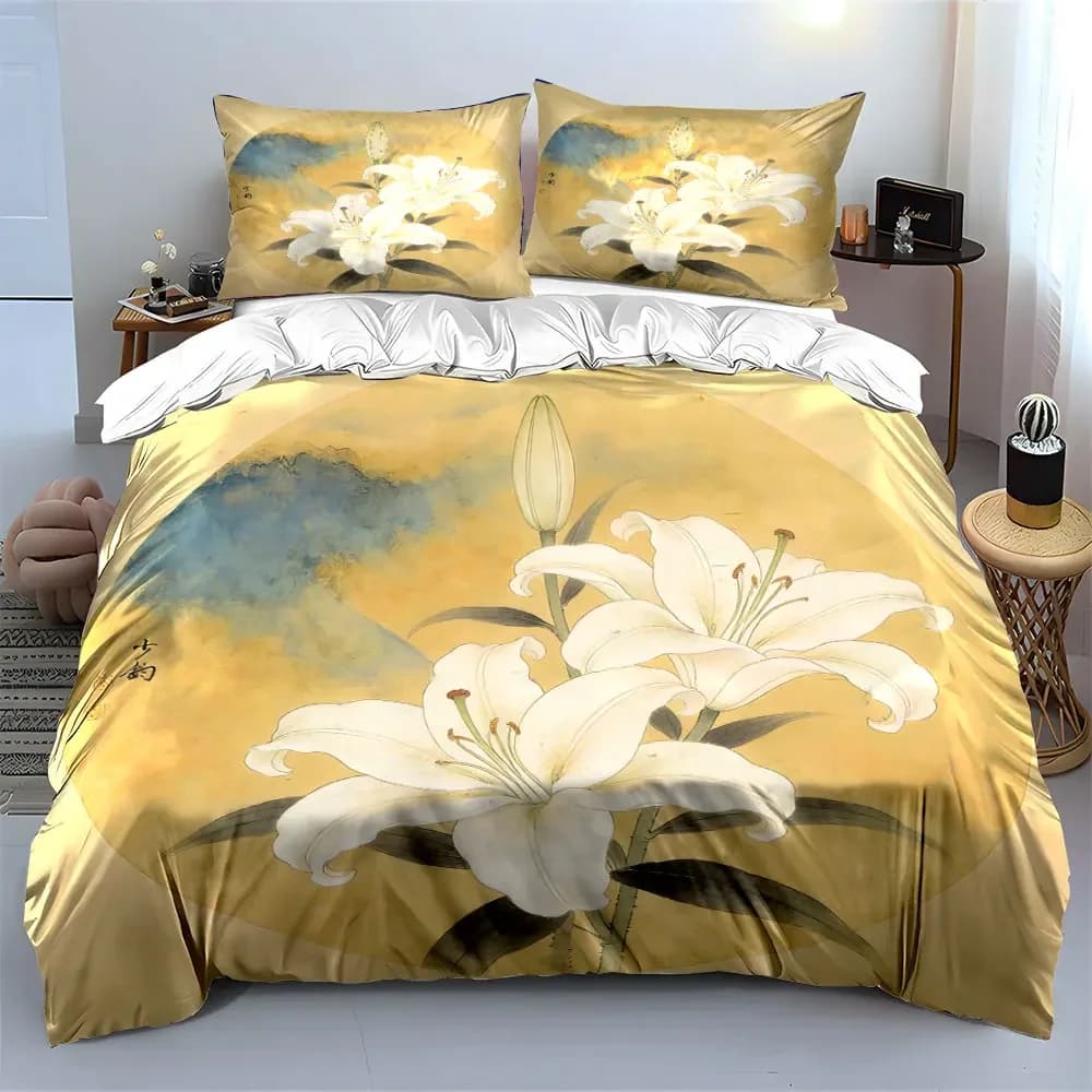 Elegant Lily Artwork Set Decor Soft Comfortable Duvet Cover Bedding Set Included 1*Duvet Cover & 2*Pillowcases, gift