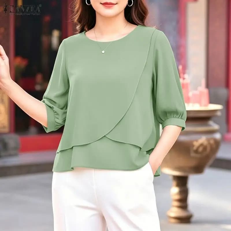 2026 ZANZEA Camicetta Estiva da Donna a Tinta Unita Casual con Scollo a O e Maniche Corte, Top da Lavoro, Camicia Larga da Donna per Vacanze, Blusa Chemise