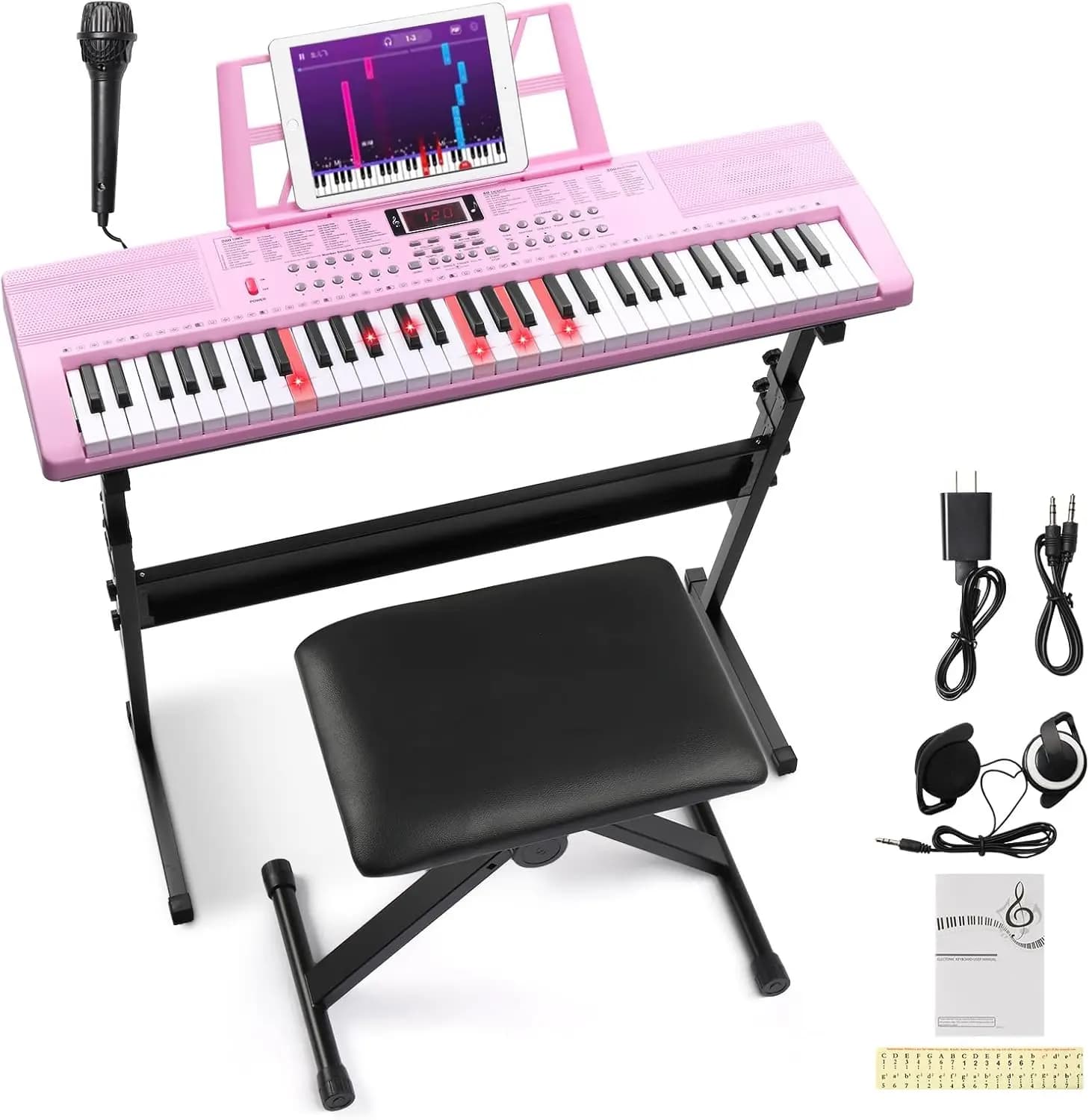 Set Pianoforte Digitale a 61 Tasti Illuminati con Cuffie, Microfono, Supporto e Panca - Rosa Completo