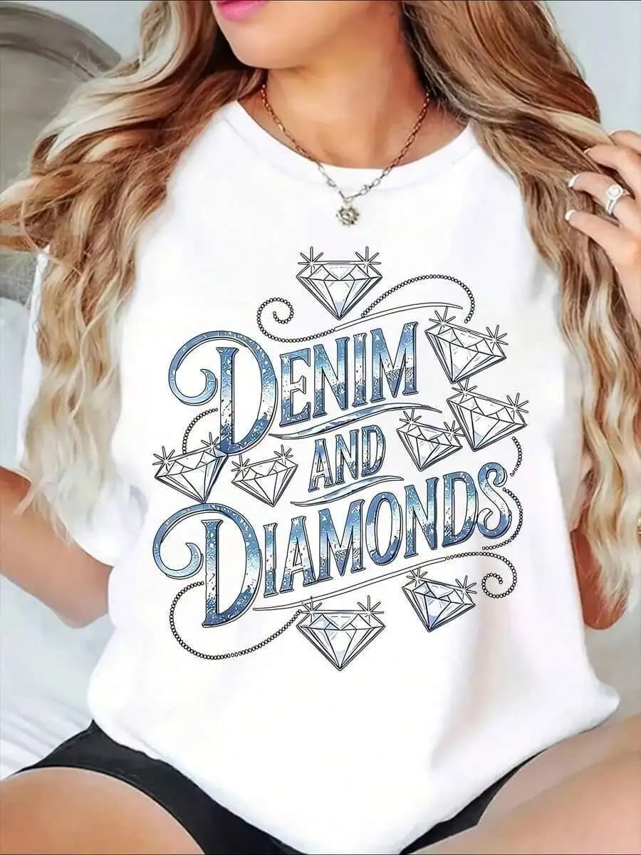 Denim And Diamonds Graphic T-Shirt Women Casual Summer Top