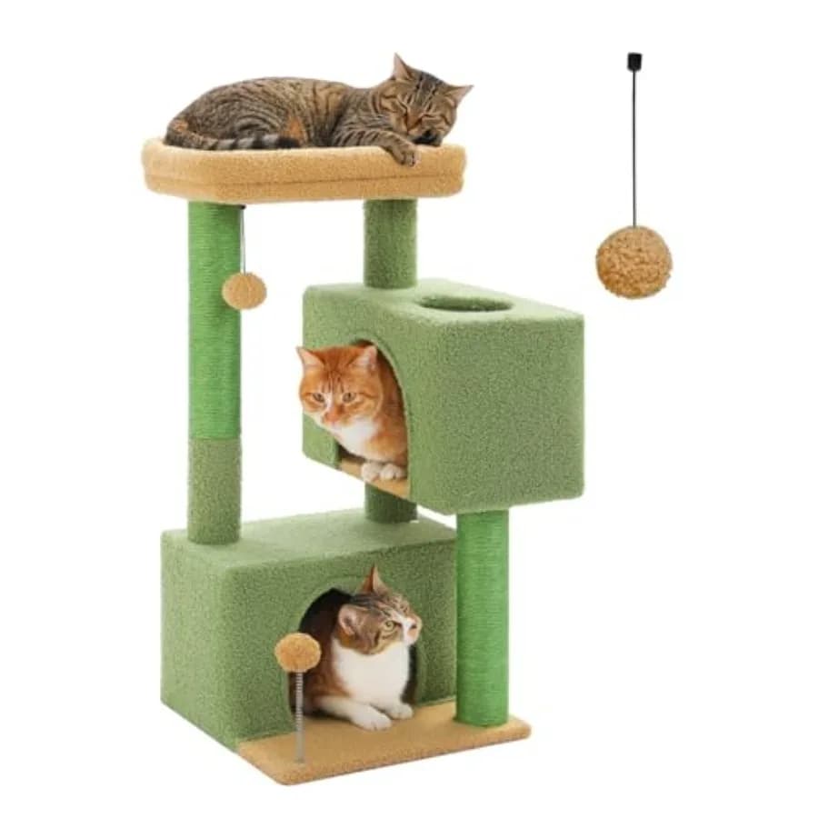 Torre Tiragraffi per Gatti da Interno 32 Cactus - 2 Cucce Accoglienti, Tiragraffi Multilivello con Sisal, Posatoio Imbottito Morbido, 2 Giocattoli Pendenti