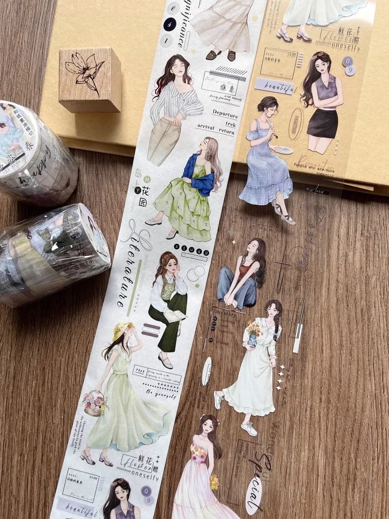 Lovely Spring Summer Fashion Girl Die Cut PET Washi Tape Craft Supplies DIY Scrapbooking Card Making Decorative Plan Sticker