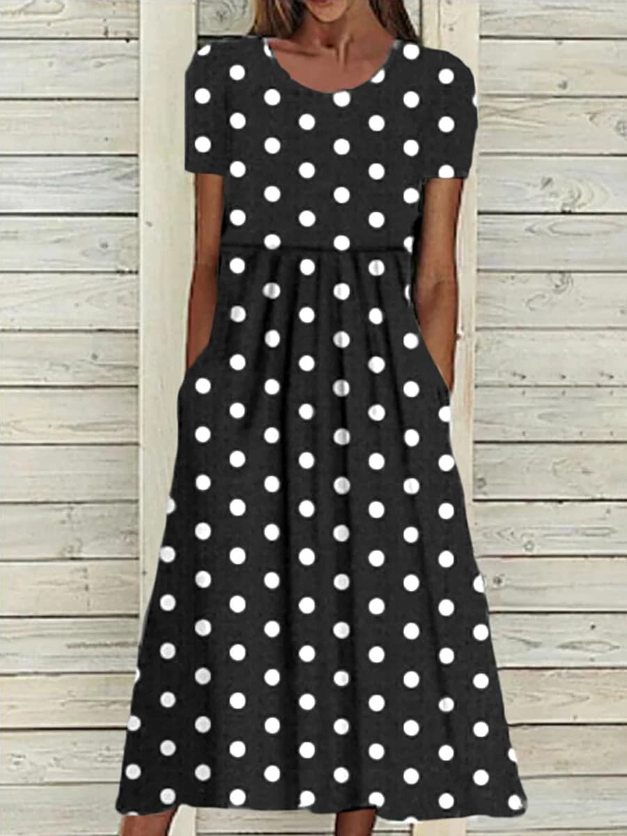 Women Summer Polka Dot Dress Casual Short Sleeve O-Neck A-Line Midi Dresses Elegant Vintage Boho Vacation Robe With Pockets