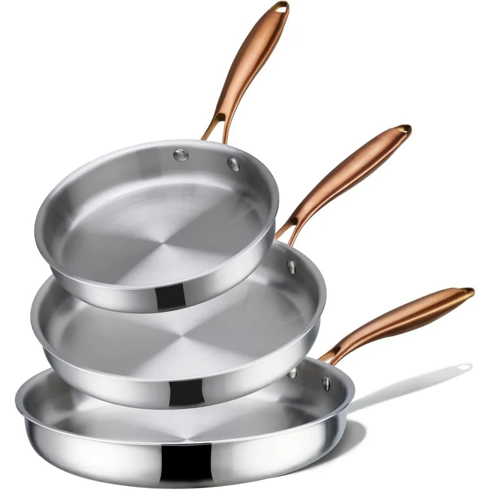 Set di 3 Padelle in Acciaio Inox Tri-Ply da 8, 10 e 12 Pollici, Compatibili con Induzione, Forno e Lavastoviglie