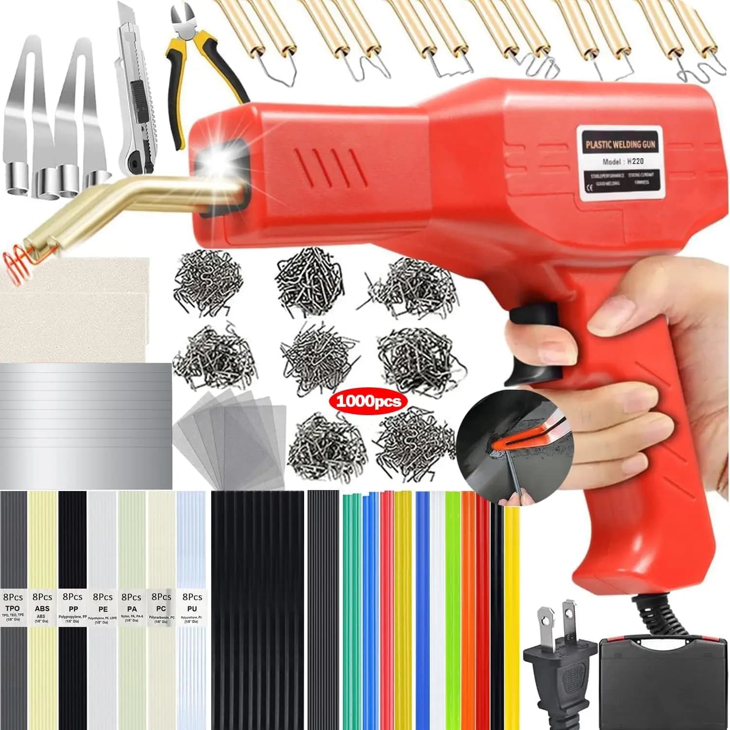 Kit saldatore di plastica aggiornato da 220 W, strumento di riparazione 2 in 1 con cucitrice a caldo e aste per la correzione del paraurti dell'auto