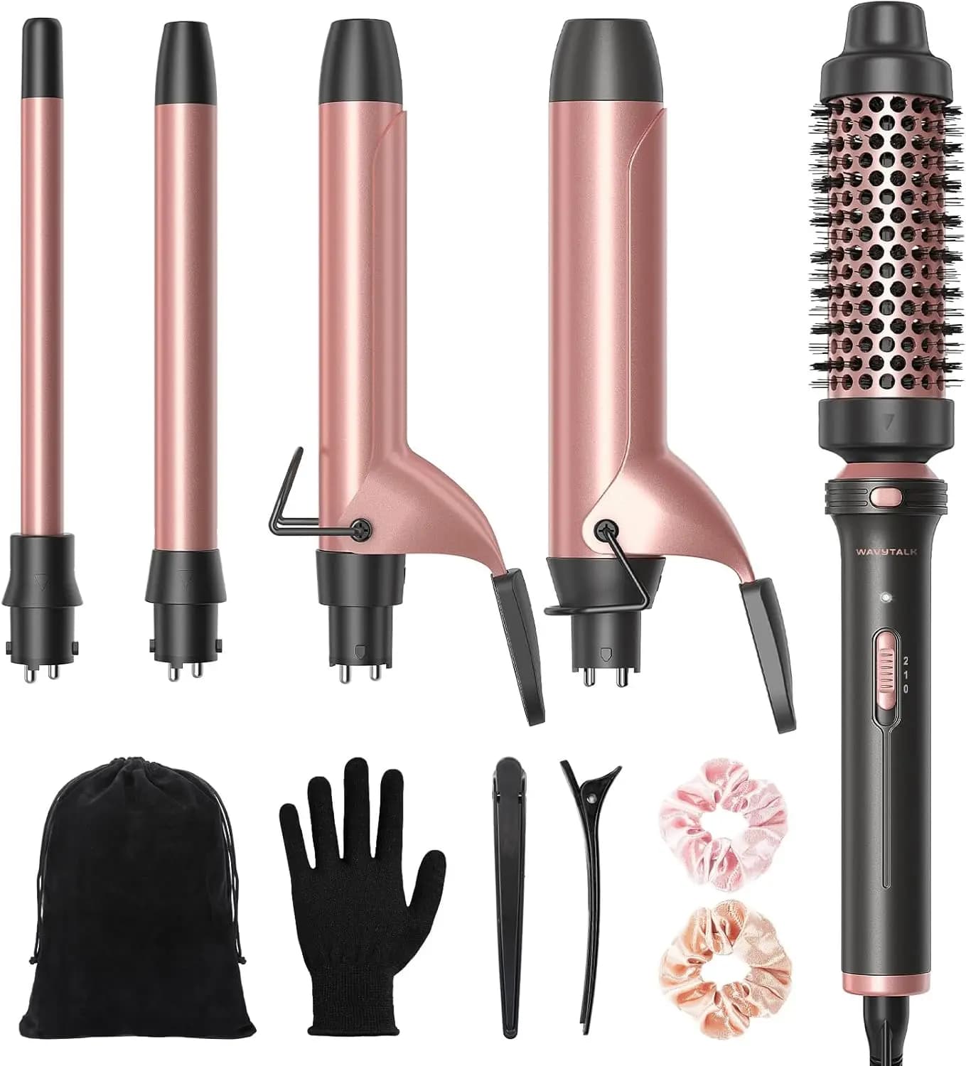 Set Ferro Arricciacapelli 5-in-1 con Spazzola Rotonda Riscaldata, 4 Bacchette Intercambiabili (0,5”-1,25”), Riscaldamento Istantaneo, Doppia Tensione