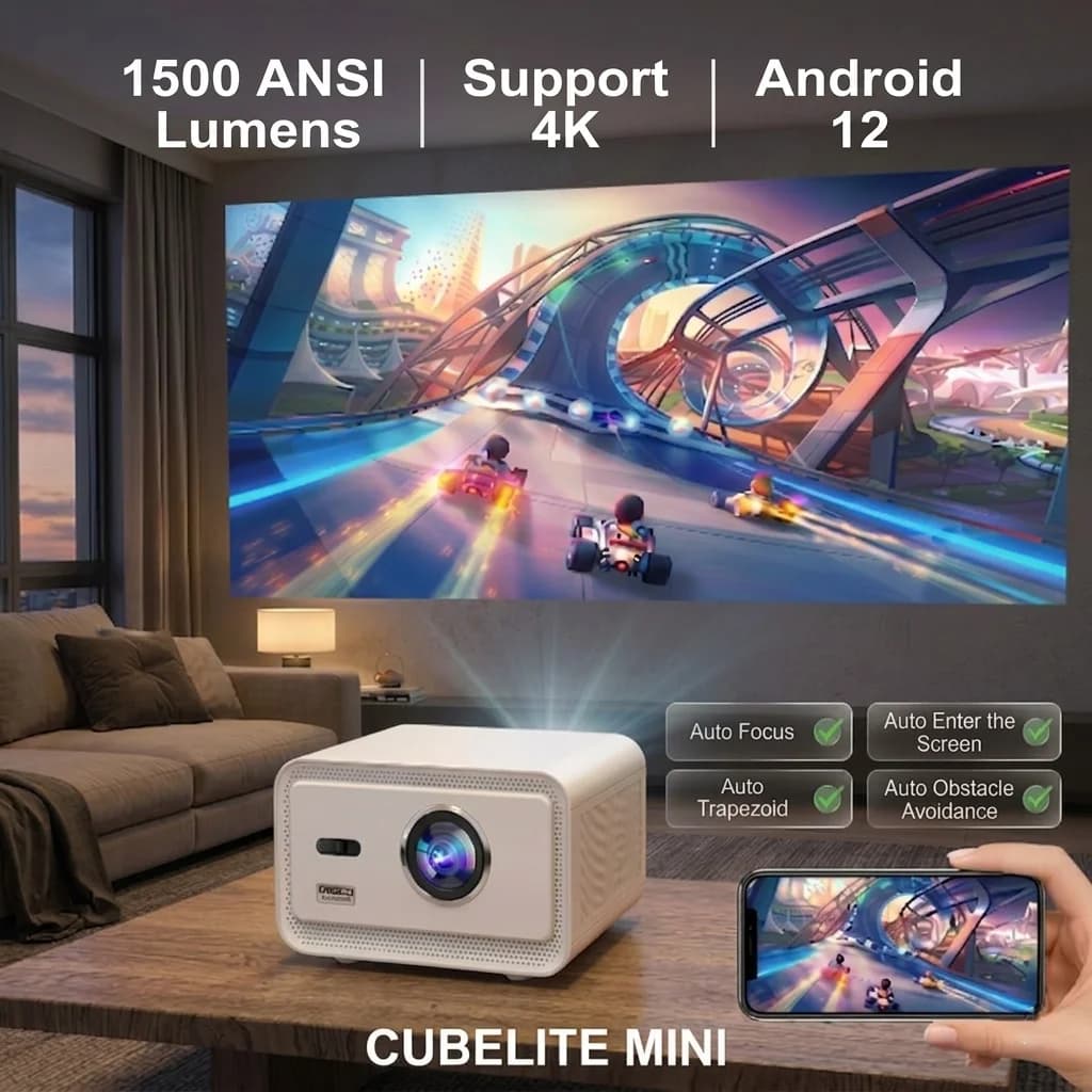 OEM Cubelite Mini Projector 1500 ANSI Lumens 1080P Smart Android 12 Mini Video Projector Movie Theater Proyector