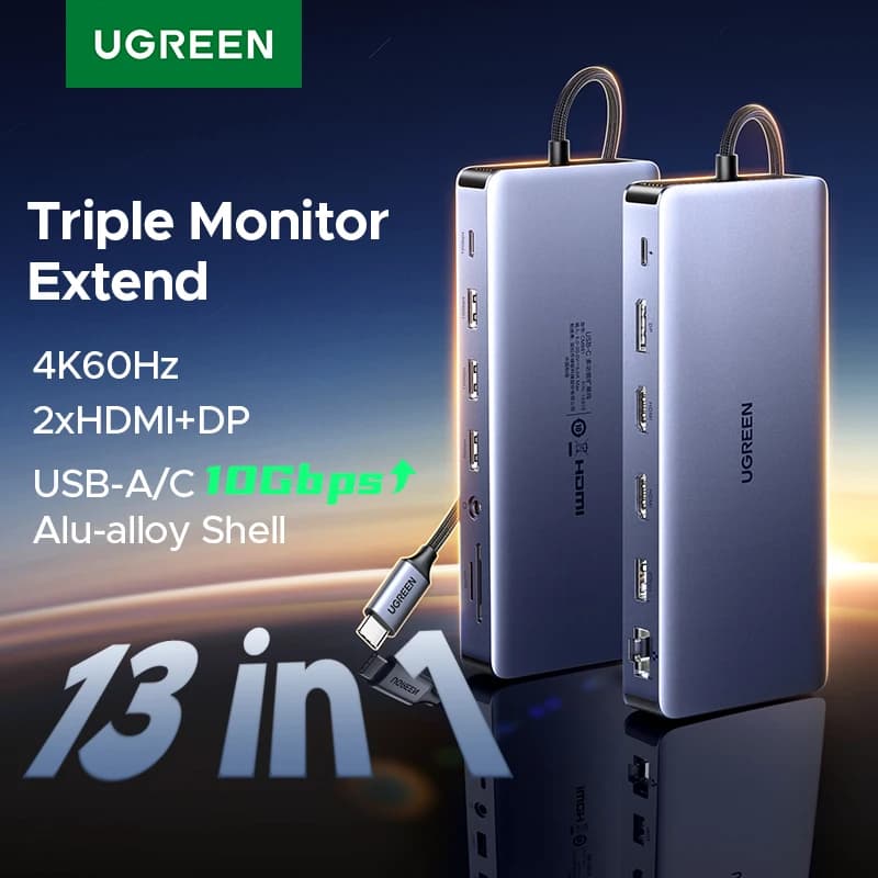 UGREEN HUB USB 13 in 1 Tripla Display da Tipo C a 4K60Hz DP 2xHDMI RJ45 SD/TF Porte dati da 3,5 mm 10 Gbps Dock per laptop Dell HP