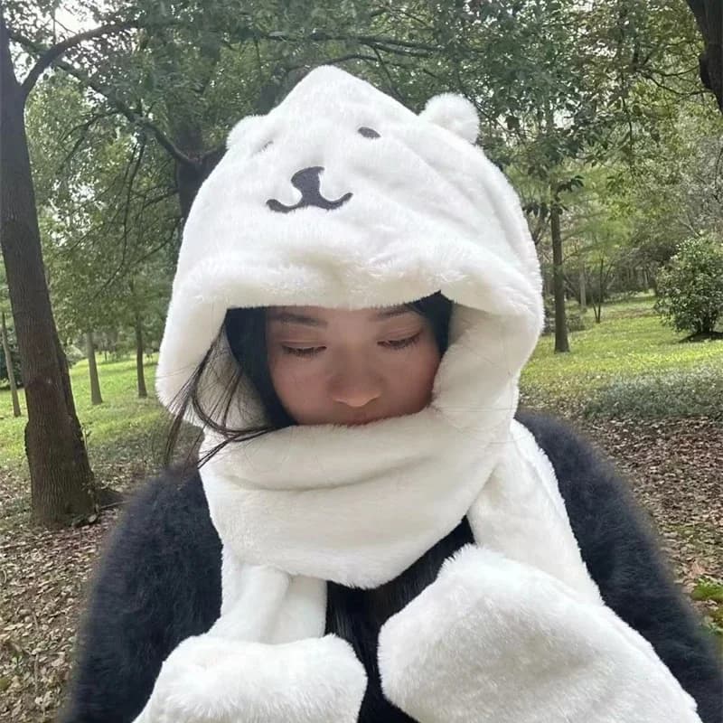 3 In 1 Plush Thick Hooded Hat Cute Cartoon Bear Fleece Winter Warm All In One Hood For Women Teens Kids Cozy Home Party Gift