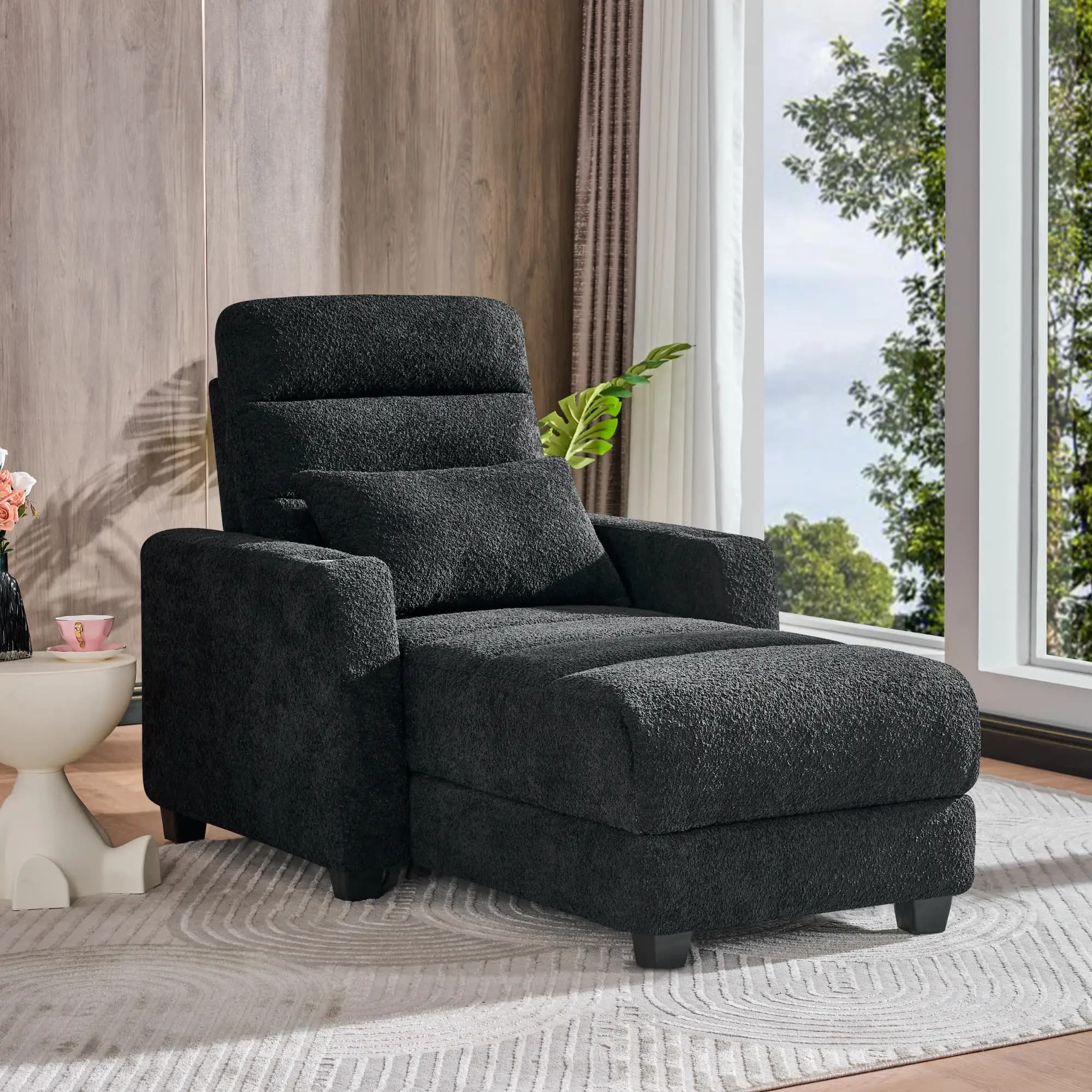 Poltrona Chaise Longue Elettrica Regolabile Nera con Cuscino Lombare, Ricarica Wireless e Portabicchieri per Soggiorno, Camera da Letto, Appartamento