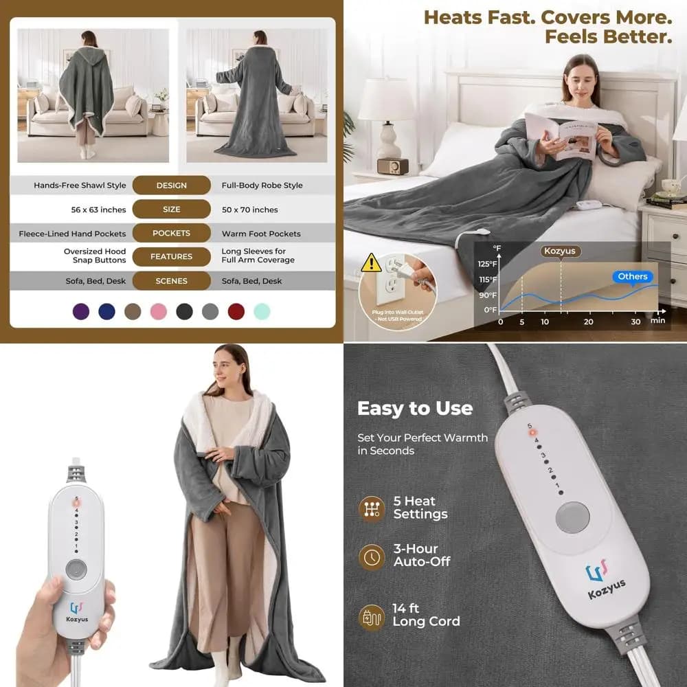 Coperta Elettrica Riscaldata con Tasca per Piedi e Maniche, 5 Impostazioni, Spegnimento Automatico, Lavabile, Unisex, 50x70