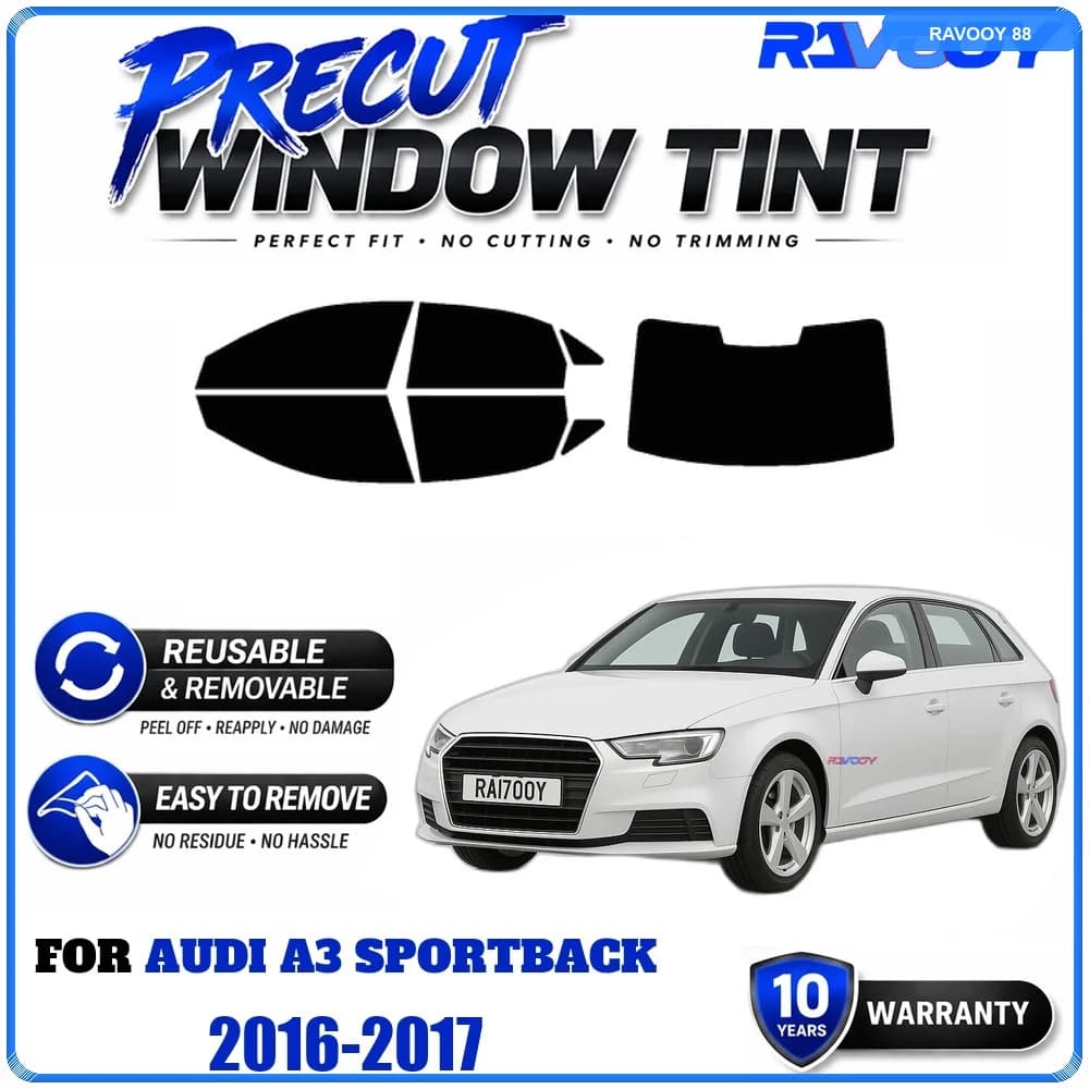 RAVOOY Precut Window Tint, Reusable Removable EPU Film, Custom Fit for Audi A3 Sportback 2016-2017, UV Heat Protection