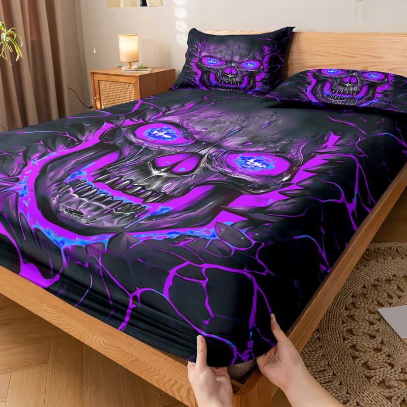 Purple Light Skull Pattern Fitted Sheet Set-Soft And Comfortable Bedding Cover Set For Bedroom Guest Room And Dorm Decor