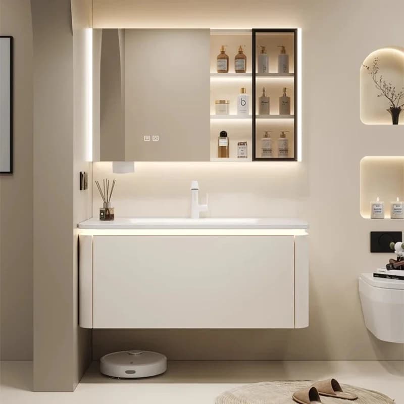 Mobile da bagno Crema Vento Ceramica Lavabo integrato Lavabo Specchio per cartoni animati Lavaggio per il viso Combinazione Penetrazione Mobili anali