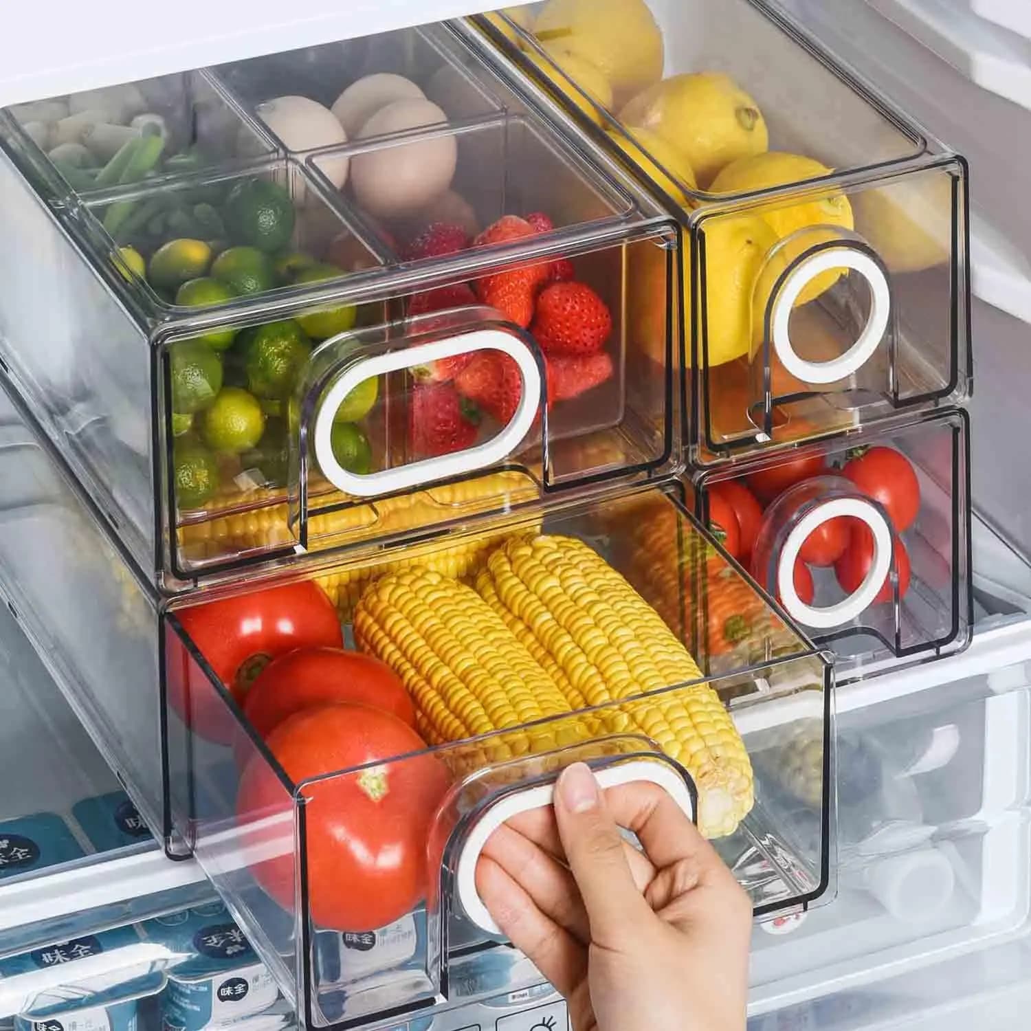 Cassetti organizer per frigorifero impilabili da 6 pezzi con cubi, contenitori portaoggetti con manico bianco resistente