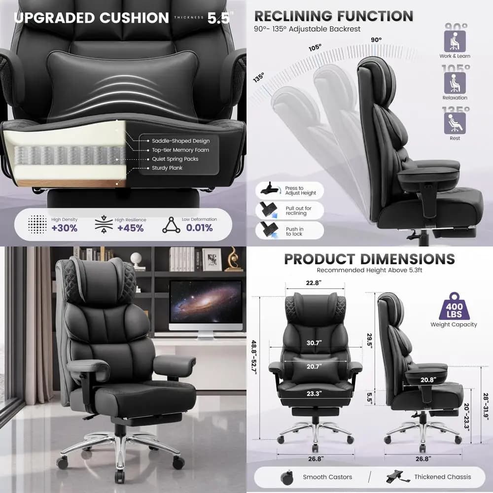 Sedia da gaming ergonomica in pelle con schienale alto e poggiapiedi, grande e alta, girevole, reclinabile, supporto lombare, nero opaco
