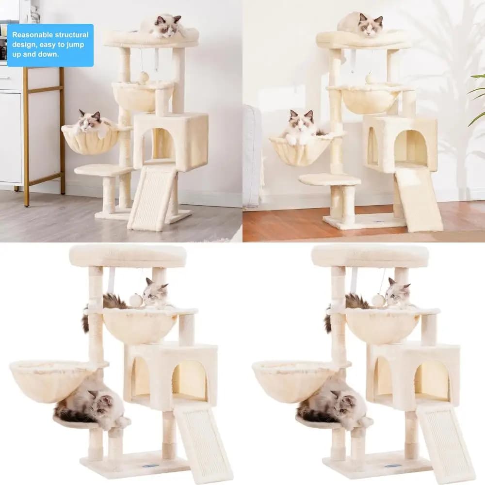 Albero per Gatti da Interno con Ampio Letto Imbottito, Cuccia Accogliente, Amache e Tiragraffi in Sisal - Beige
