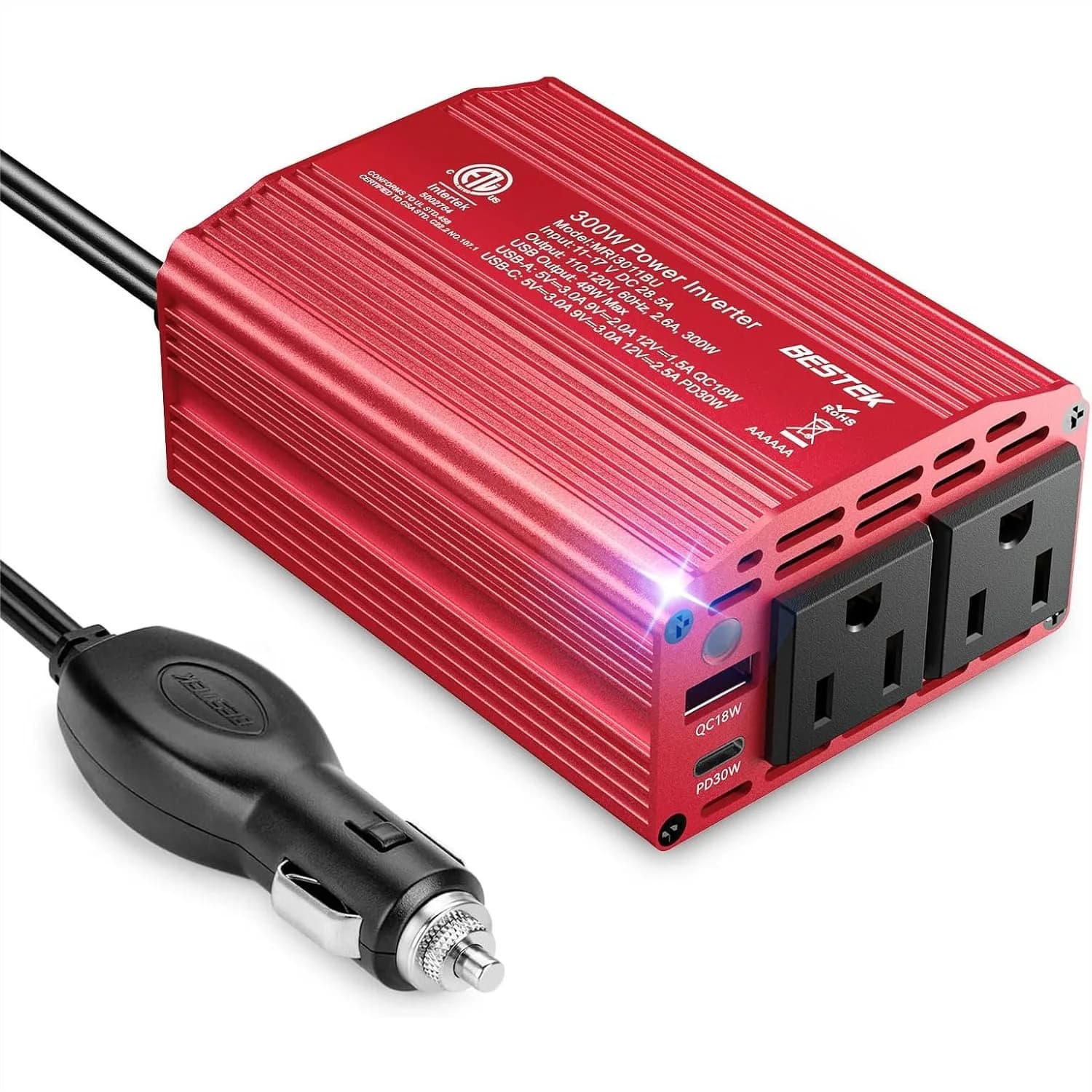 300W Car Power Inverter DC 12V to 110V AC with 30W USB-C & 18W USB-A for Laptop Charging, Road Trip Essentials