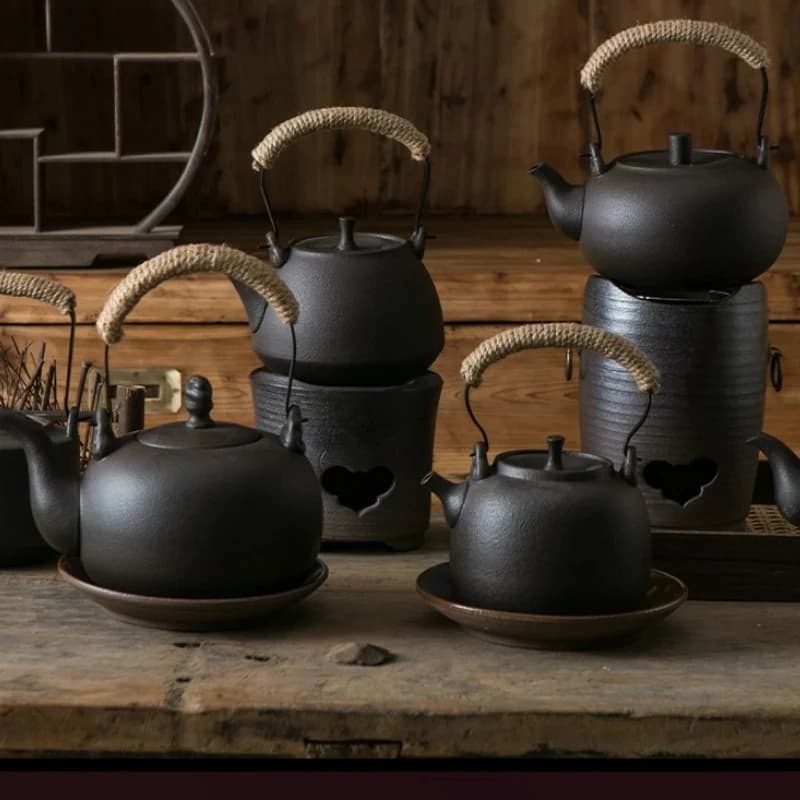 Handmade Black Pottery Teapot 800ml Ceramic Tea Pot Kettle Heating Furnace Base Tea Brewing Utensils Filter Pot Water Bottle