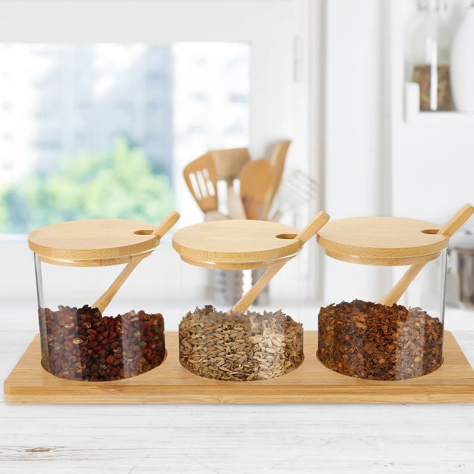Set di 3 barattoli in vetro per condimenti da 128 ml, contenitori sigillati per spezie, per cucina, casa, barbecue, design compatto, con cucchiaio.