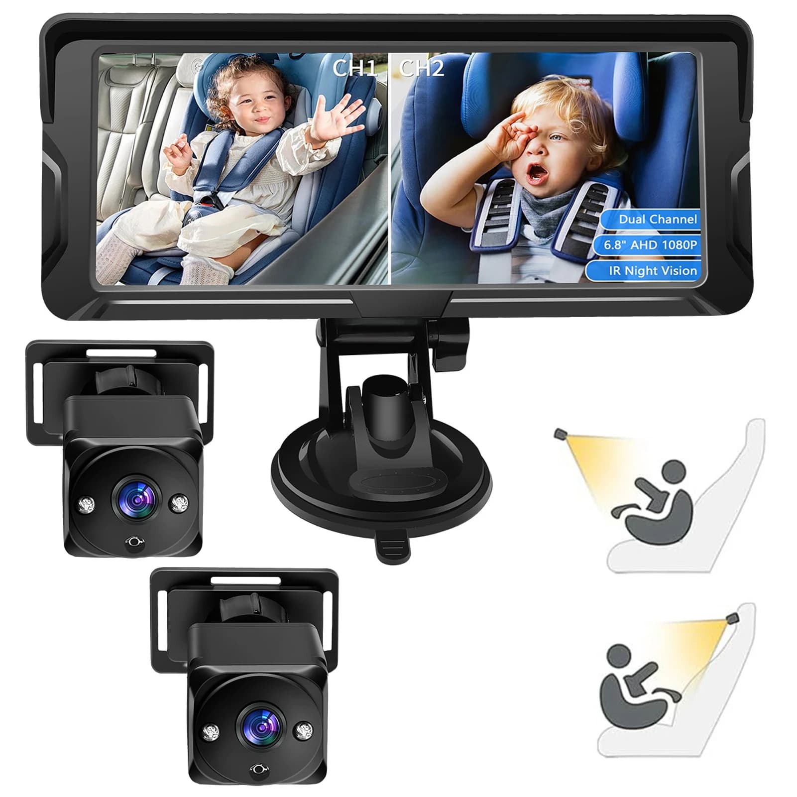 Baby Car Camera Dual Channel 7 Inch 1080P Car Baby Camera Display with 2 IR Night Vision Camera and 150° Wide View Angle