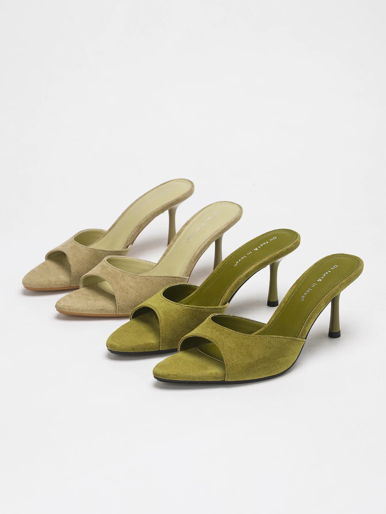 Mules con tacco a spillo a punta in pelle scamosciata da donna, eleganti sandali con tacco aperti sul retro, verde oliva/beige, casual estivi