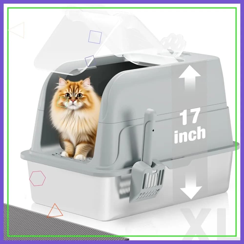 Lettiera per Gatti Extra Large in Acciaio Inossidabile, Completamente Chiusa con Coperchio Trasparente Ribaltabile, Paletta e Tappetino - Grigio