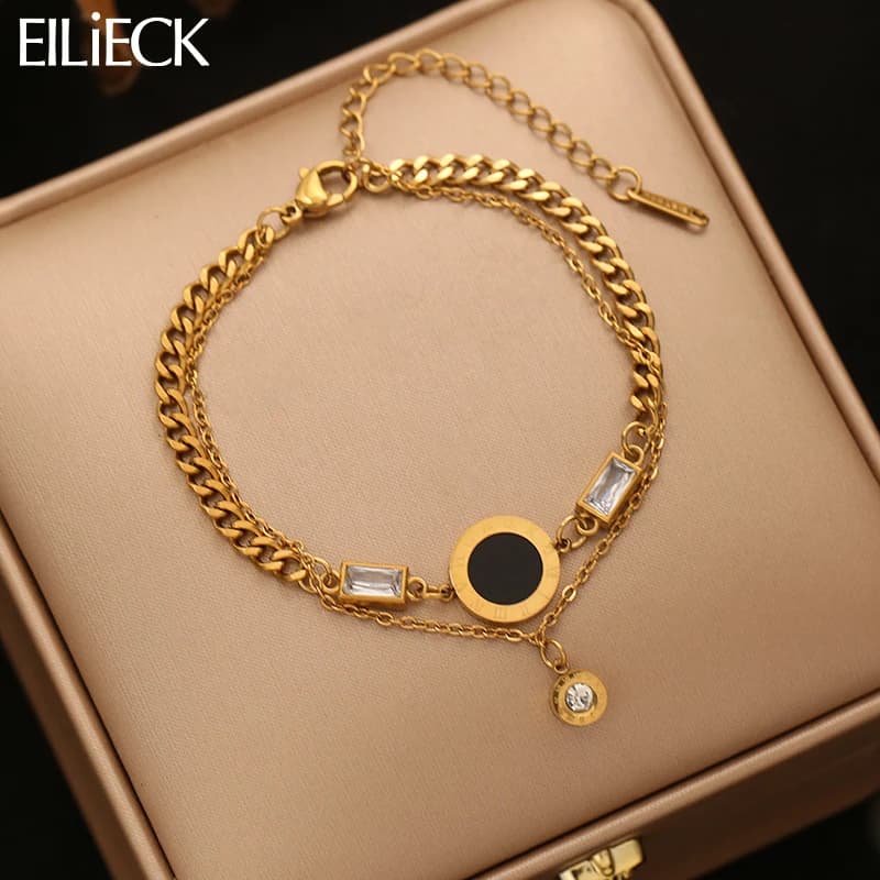 EILIECK 316L Stainless Steel Round Roman Numerals Charms Bracelet For Women Trendy Waterproof Hand Chain Summer Vacation Jewelry