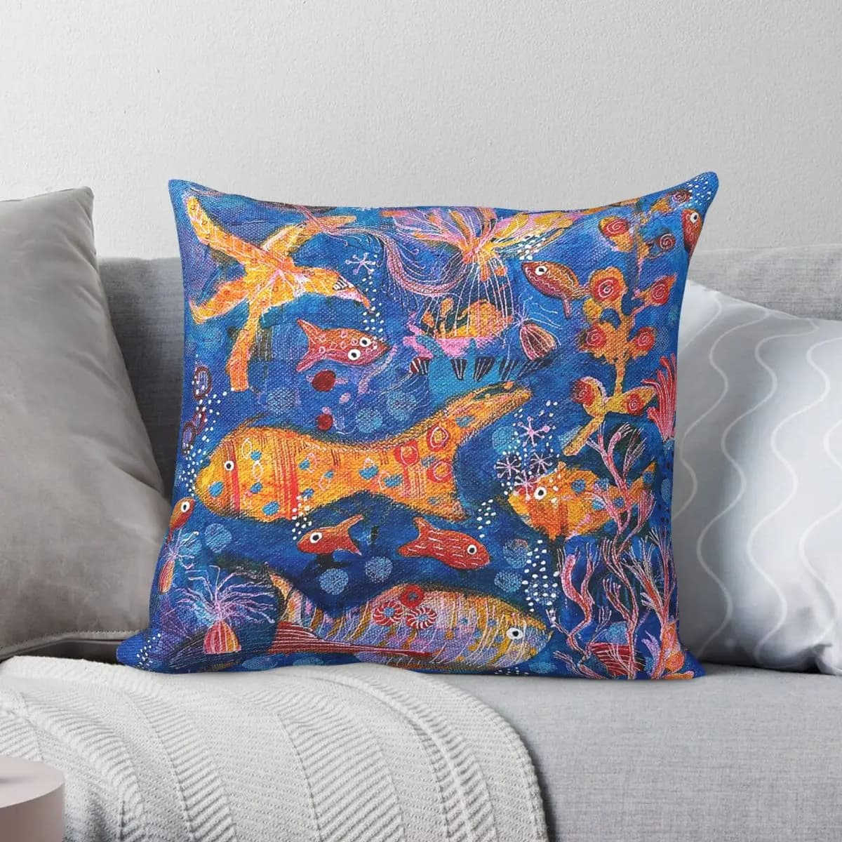 Federa per cuscino decorativa con cerniera, motivo in poliestere, lino e velluto, tema Sott'acqua, per la casa