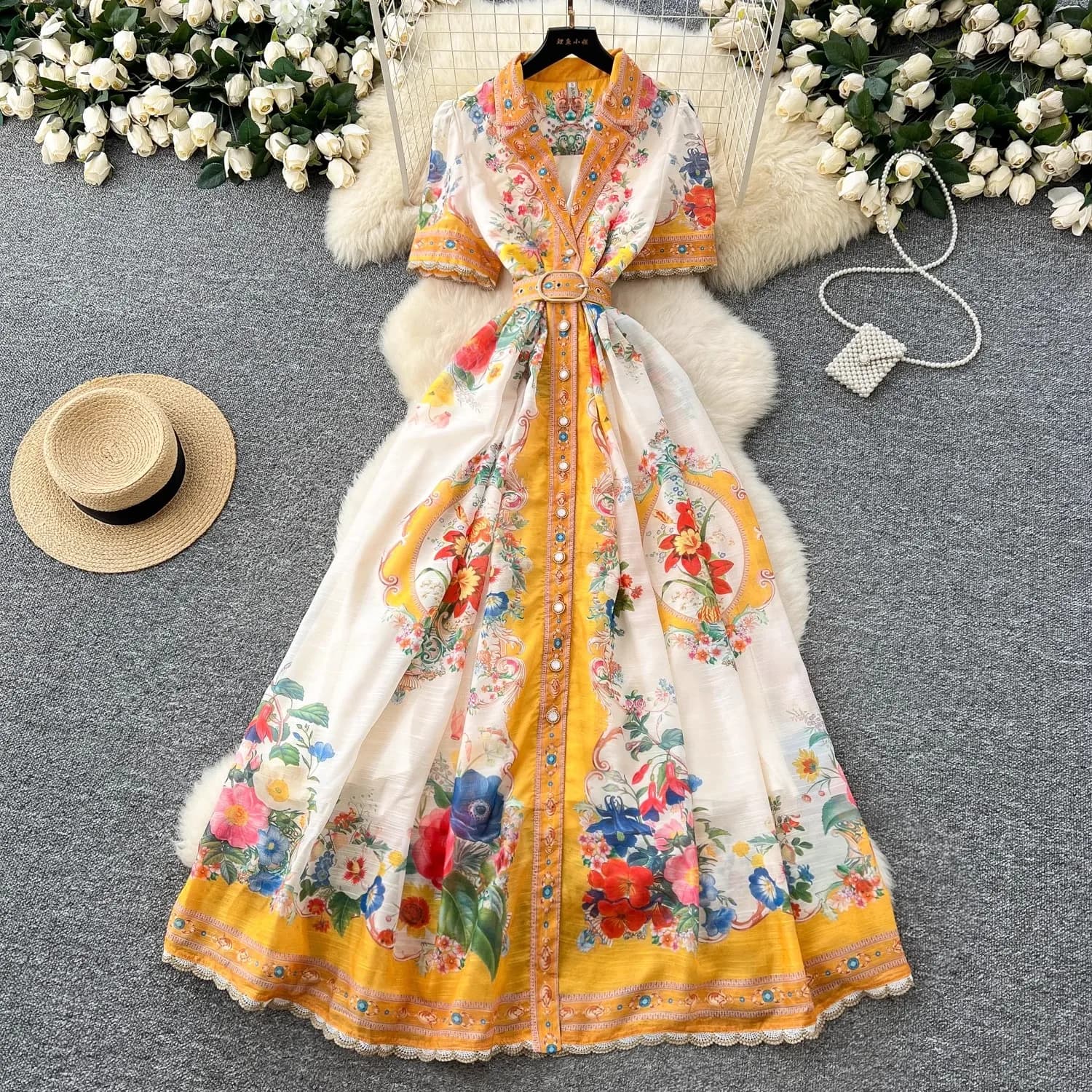 Abito lungo con giunture in pizzo da passerella estiva Abito da donna con maniche corte dentellate monopetto con stampa floreale Cintura lunga Boho Abiti da festa