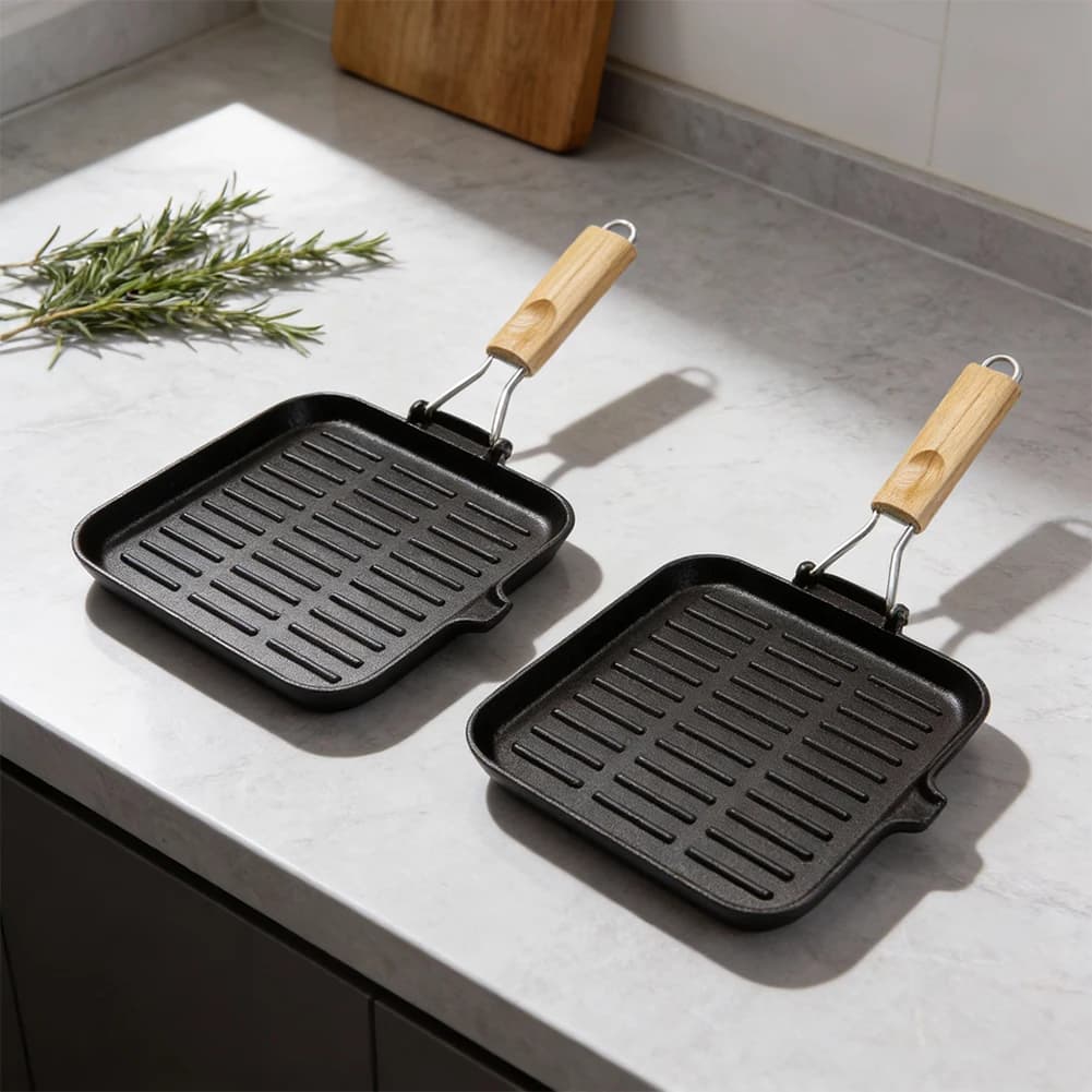 Ghisa pan with Foldable Handle, Square, in Rows, for Steaks, 20CM/24CM, Kitchen Tools, Kitchen Accessories