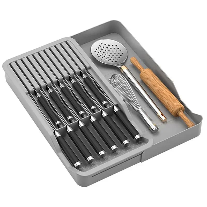 Support for knife blocks with expandable storage tray for drawer insert organizer of kitchen support retractable knife