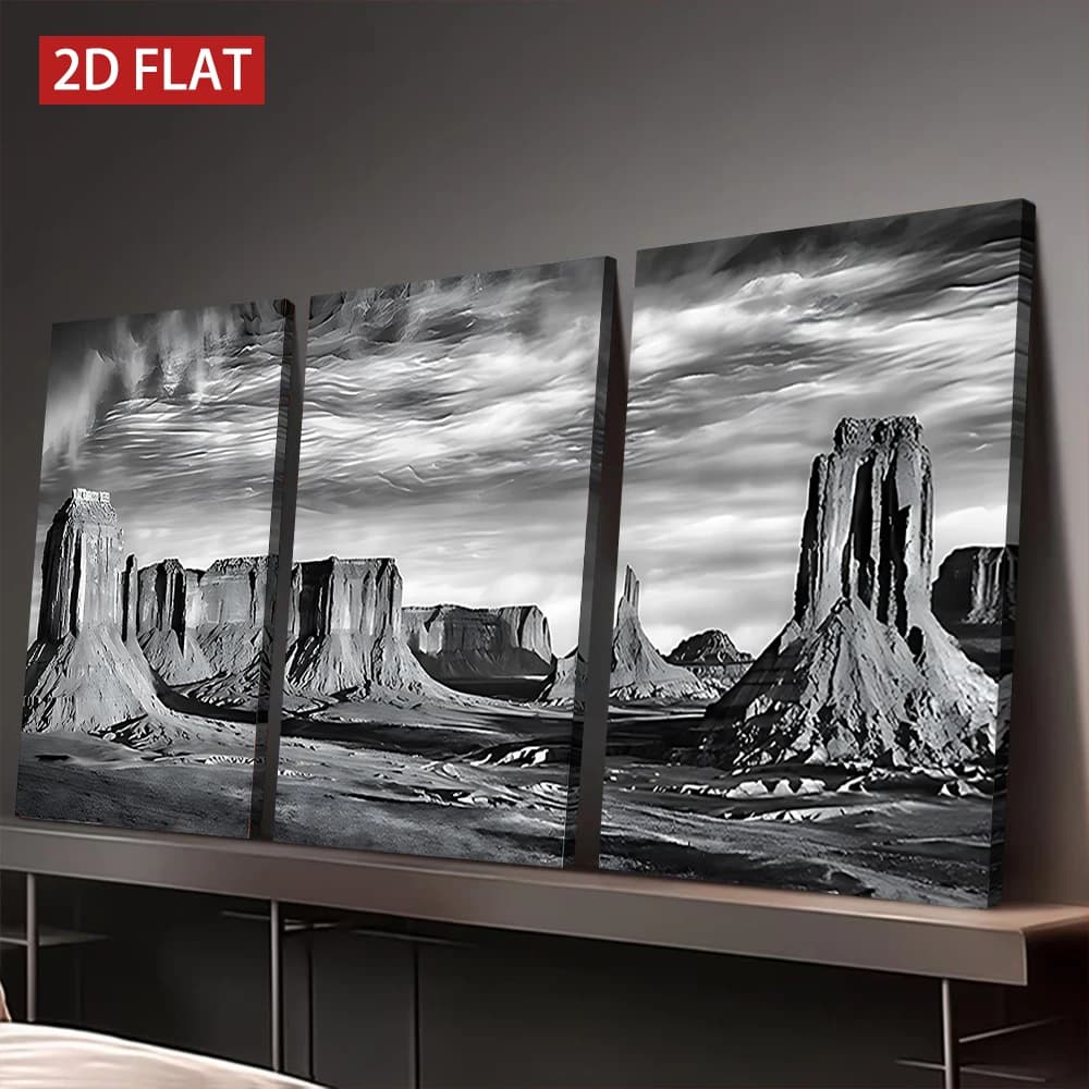 3 Counts Wooden Framed Canvas Painting, Black & White Desert Rock Pillar Landscape Art Print, Wall Decor for Living Room Office