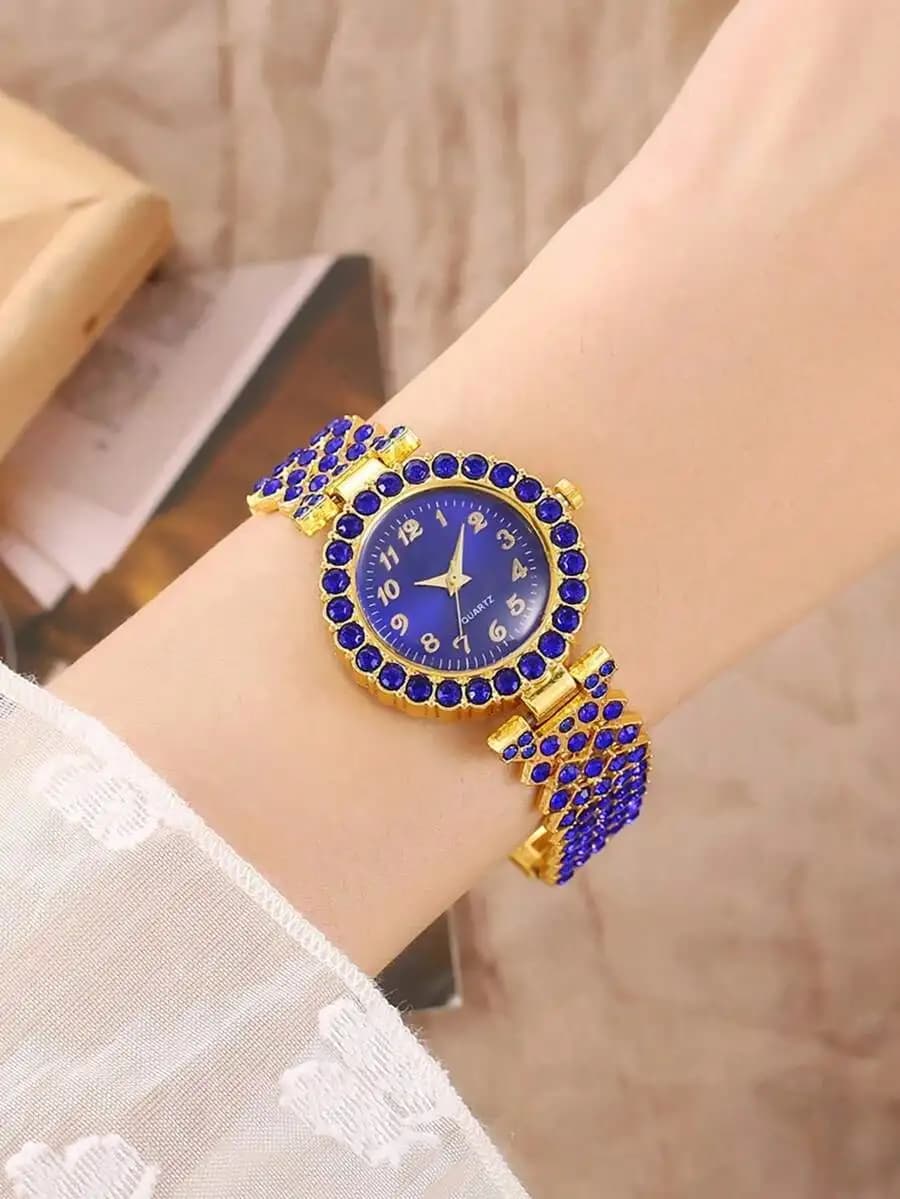 Orologio da polso da donna al quarzo in lega con cristalli blu di lusso e cinturino a bracciale