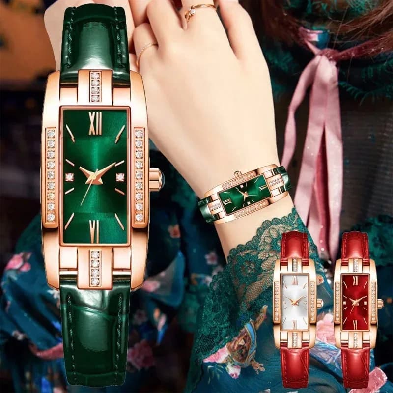 New Fashion Luxury Women's Watch Quartz Wrist Watch With Small Green Crystal Rectangle For Gifts Reloj Mujer