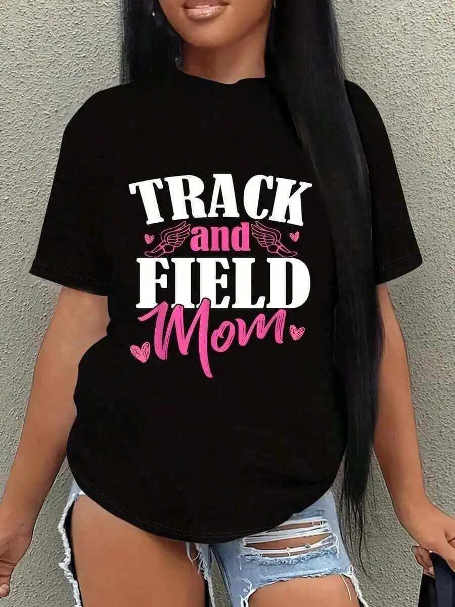 Track And Field Mom Womens Oversized Graphic Tee Casual Short Sleeve T-Shirt