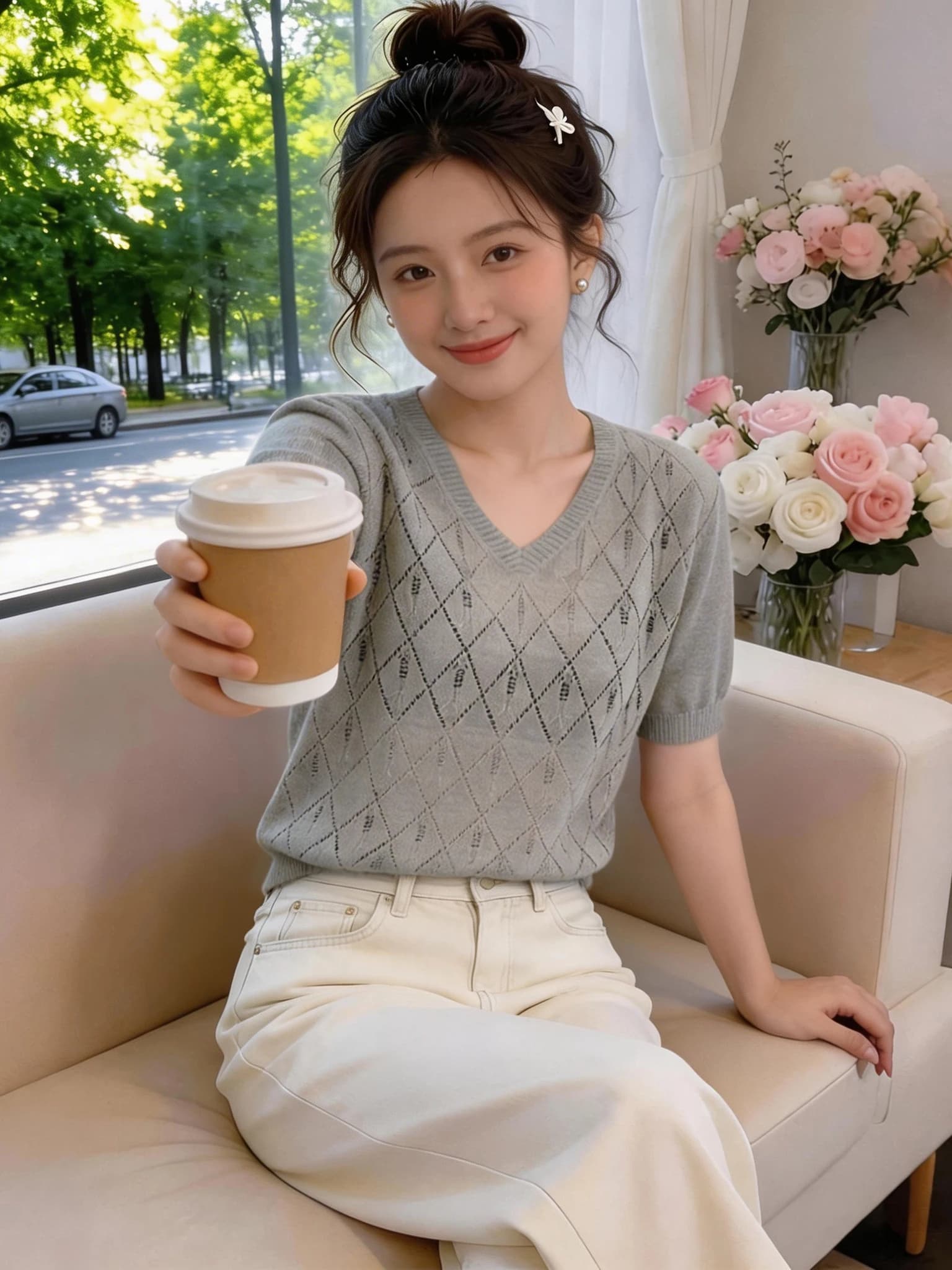 Unique Miu Knitted Light Breathable V-Neck Short Sleeve Top Korean Style Summer New Arrival Ladies Fashion T-Shirt Casual Com...