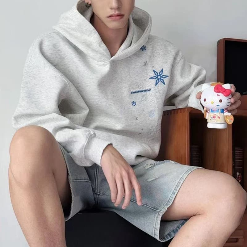 Autumn Winter Men's Snowflake Star Embroidery Hooded Sweatshirt Y2K Male Soild Loose High Quality Hoodie Pullover