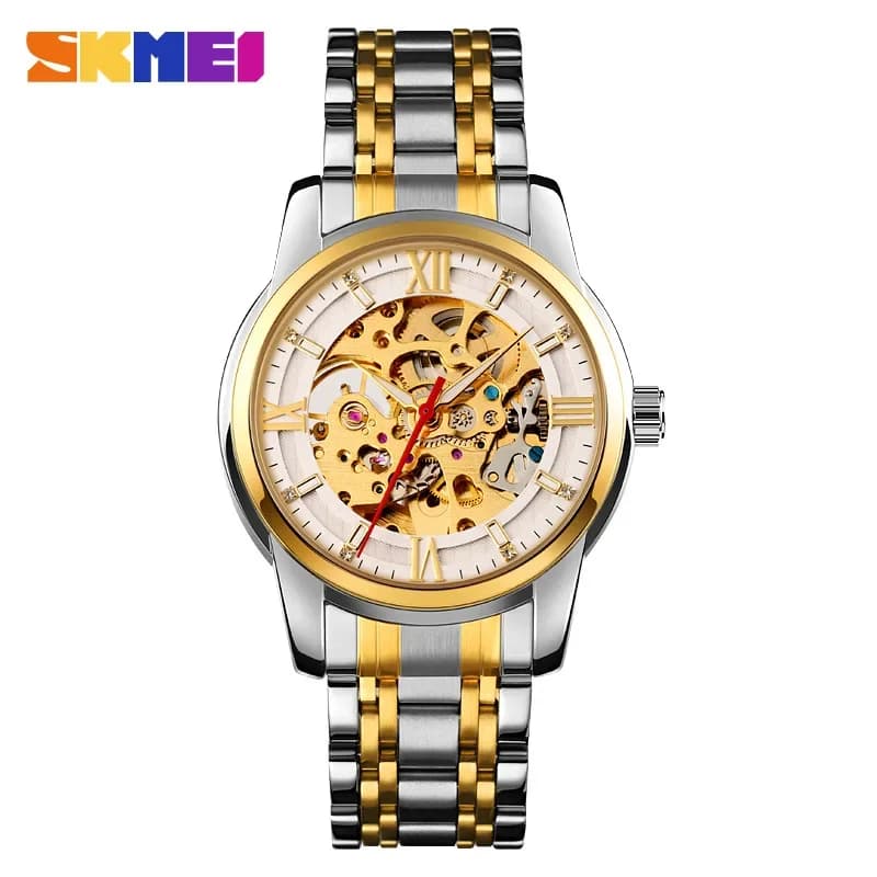 SKMEI orologio meccanico completamente automatico da uomo in acciaio inossidabile circolare singola fibbia pieghevole orologio a spirale cava in metallo reloj hombre