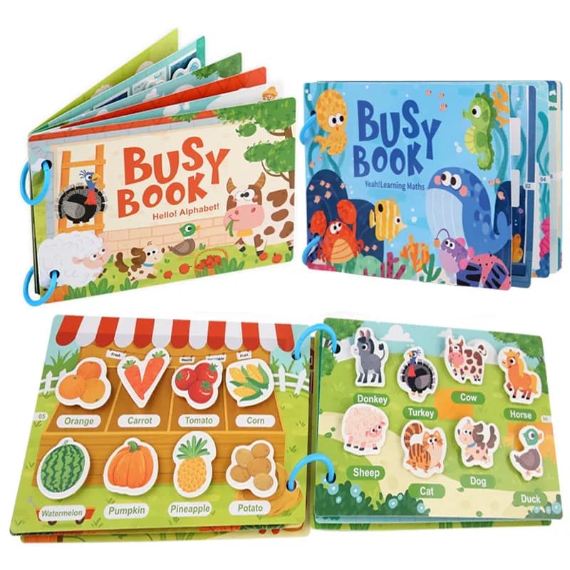 Libro Sensoriale Montessori per la Prima Infanzia, Libro di Adesivi Riutilizzabili, Puzzle Scenico Fai-da-te, Giocattolo Educativo Manuale per lo Sviluppo del Cervello, Regalo di Compleanno e Festa dei Bambini