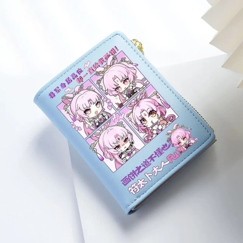 Chibi Honkai Star Rail Portafoglio anime in pelle vegana per studente Ragazzo Ragazza Bifold Blocco RFID Mini borsa Breve fermasoldi con cerniera