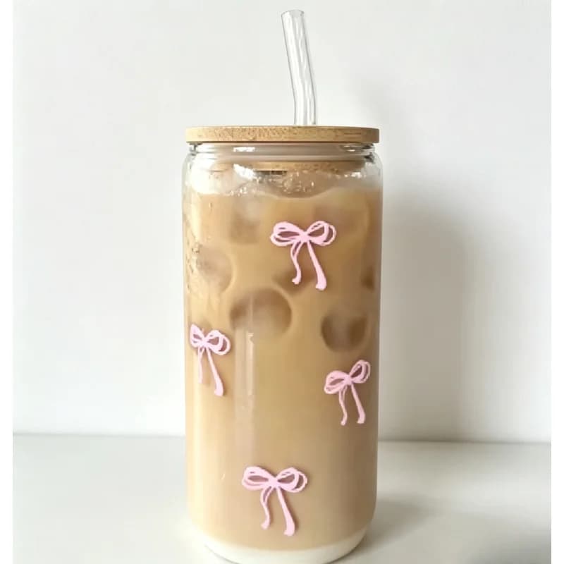 Cute Pink Bow 500ml Glass Tumbler Cups with Lids and Straws, Multipurpose for Iced Drinks, Coffee, Cocktail & Smoothie